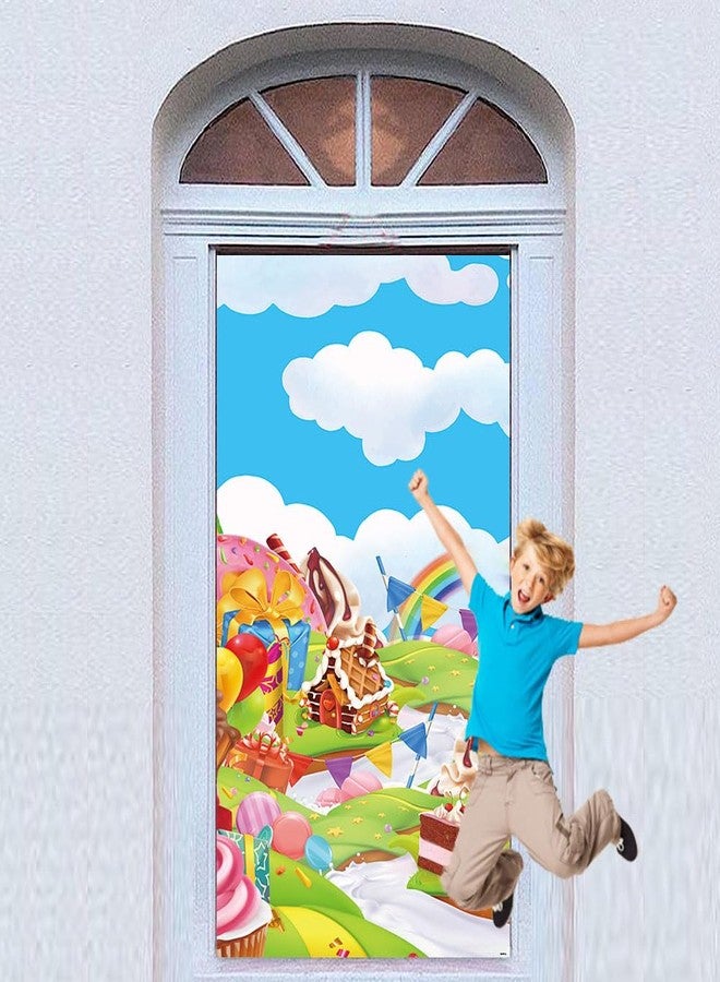 DOTOOMA 35.4 x 72.8 Inches Candyland Sweet Cartoon Rainbow Doughnut Color Flag Balloon Biscuit House Ice Cream Theme Yard Door Banner Sign Decorations Baby Shower Girls Birthday Party Polyester - Image 4